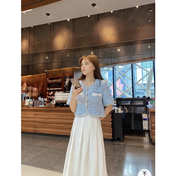 SET CROP DẠ TÚI NƠ + CHÂN VÁY MIDI XẾP LY