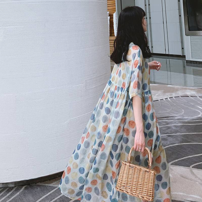 Váy babydoll Đầm Voan Dáng Rộng Lưng Cao Họa Tiết Chấm Bi Thời Trang Mùa Hè Hàng Mới 2021 Dành Cho Bạn Nữ