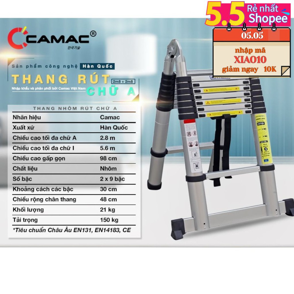 Thang rút đôi 2.2+2.22.chữ A dài duỗi thẳng 4m4 busan Hàn Quốc nhôm CO8030 bảo hành 2 Quốc Tế 2 năm chính hãng