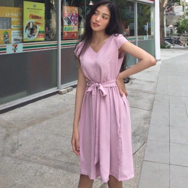 Đầm cột eo vàng/ hồng Bemo dáng xòe xb