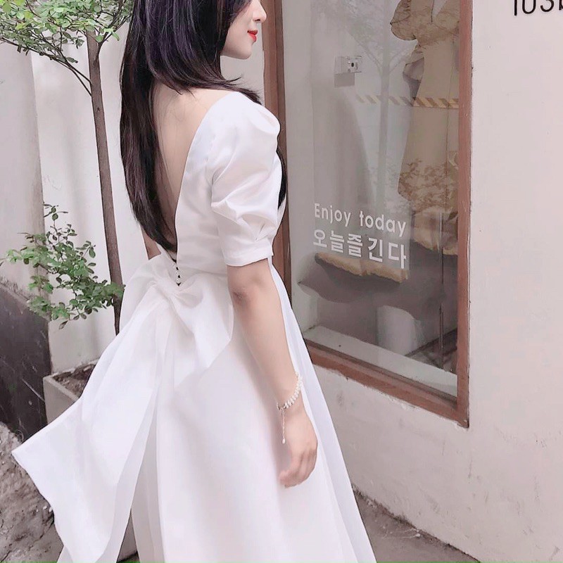 Đầm chụp kỉ yếu nơ dự tiệc tay bồng xòe rộng hở lưng (Kèm ảnh thật) | BigBuy360 - bigbuy360.vn