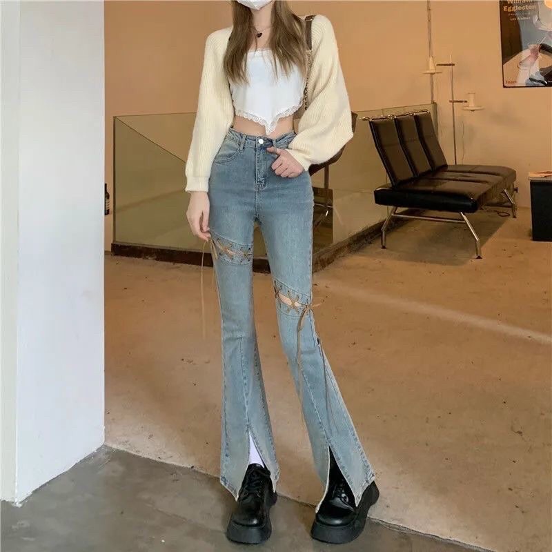 Quần jeans ống loe xẻ tà lưng cao phối dây thắt phong cách retro