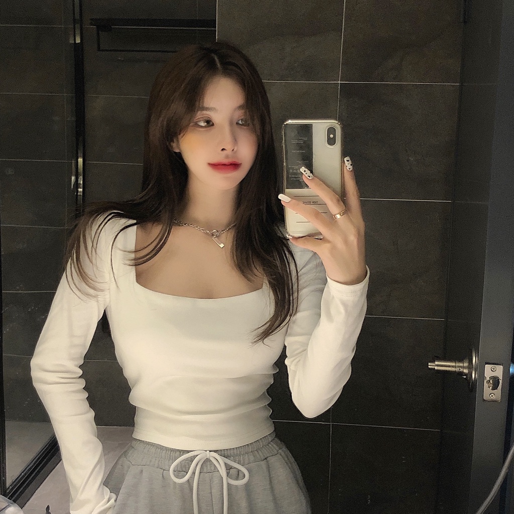 Áo thun COZOK tay dài cổ vuông dáng ôm thời trang quyến rũ cho nữ