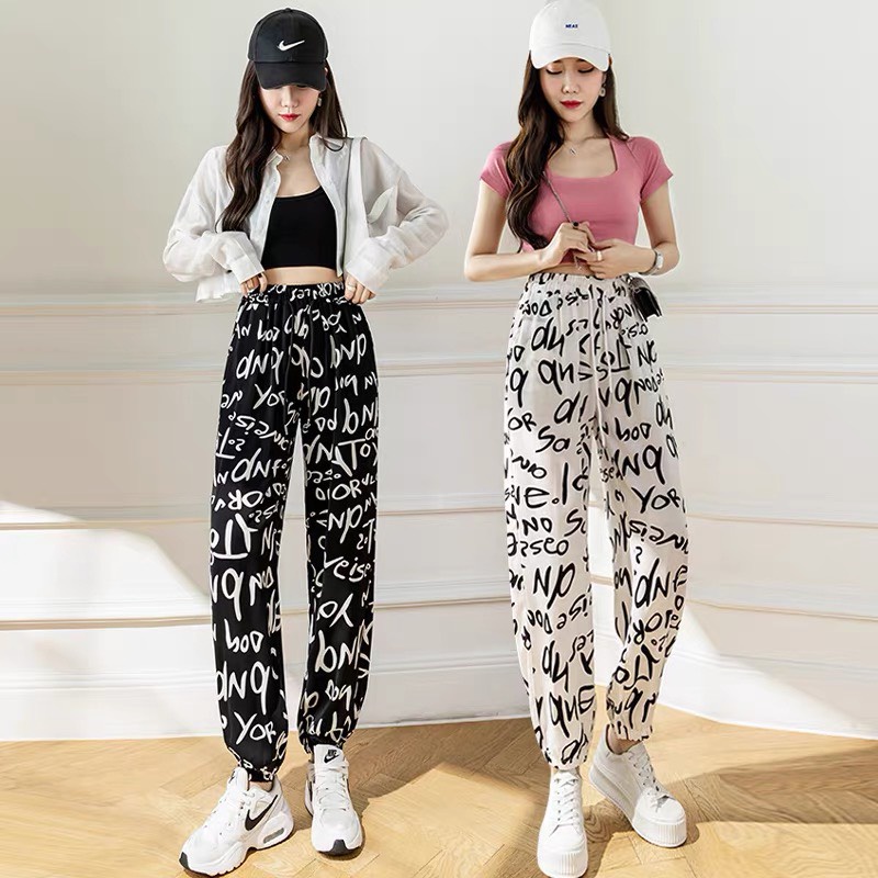 Quần jogger nữ họa tiết chữ Bingshop cạp chun bo ống cải da cá L1