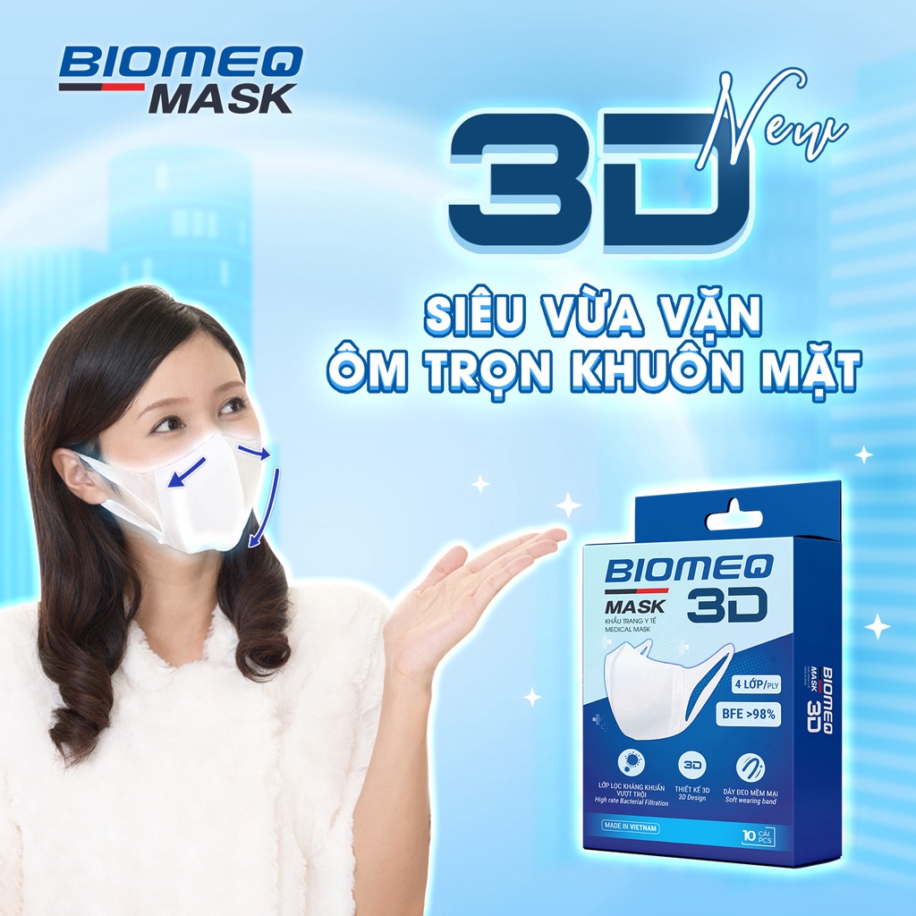 Khẩu trang y tế 3D BIOMEQ MASK chuẩn 4 lớp ôm sát mặt, dây đeo mềm mại co giản và đàn hồi tốt - MEDICAL