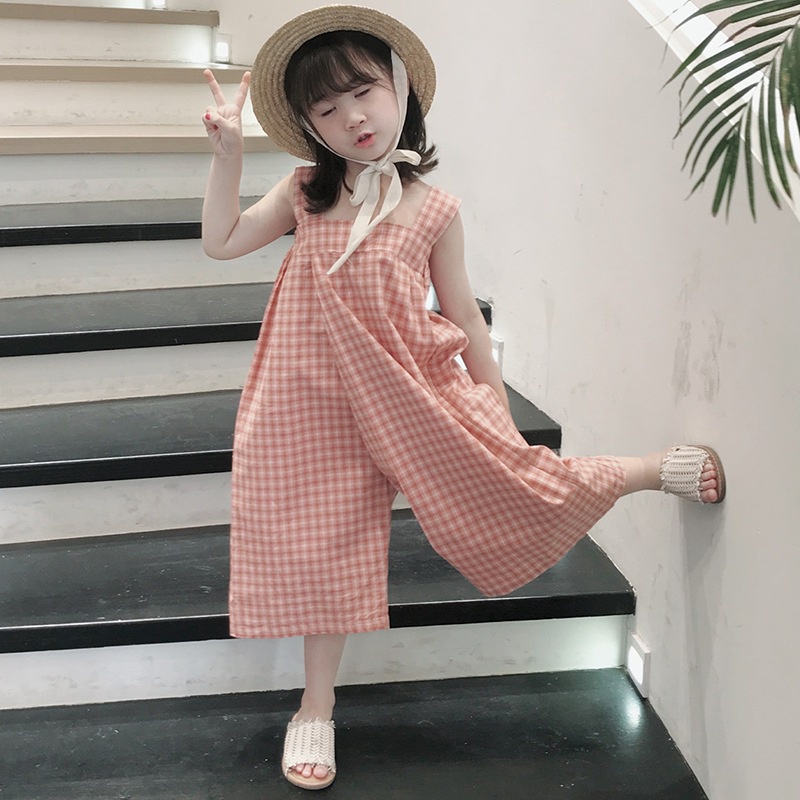 Áo liền quần Hai Dây Họa Tiết Sọc Caro Phong Cách Hàn Quốc Thời Trang Mùa Hè Cho Bé Gái