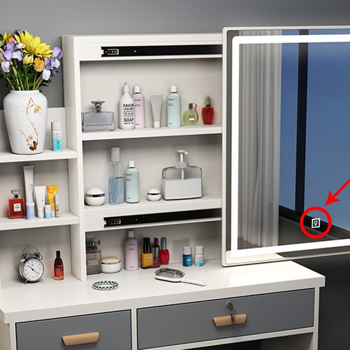 Bàn phấn đẹp kèm ghế có gương đèn led cảm ứng đổi màu thông minh - Bàn trang điểm gỗ có kệ tủ đựng mỹ phẩm 80cm x 1m3
