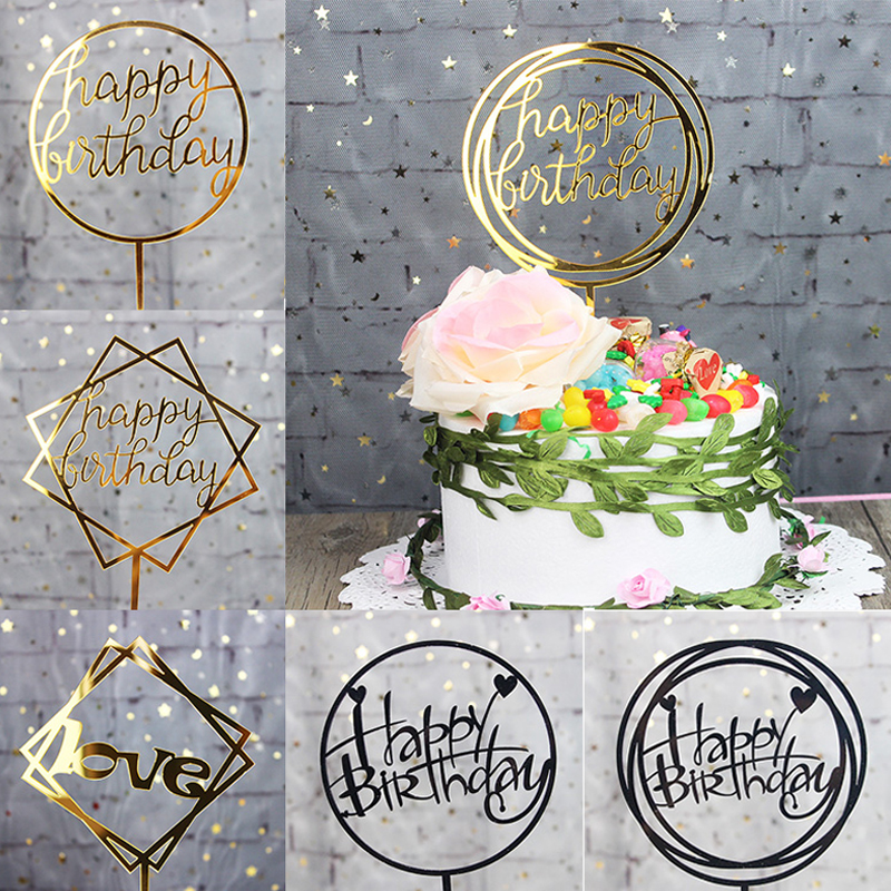 Phụ Kiện Trang Trí Bánh Kem Bằng Acrylic Tráng Gương Hình Chữ Happy Birthday