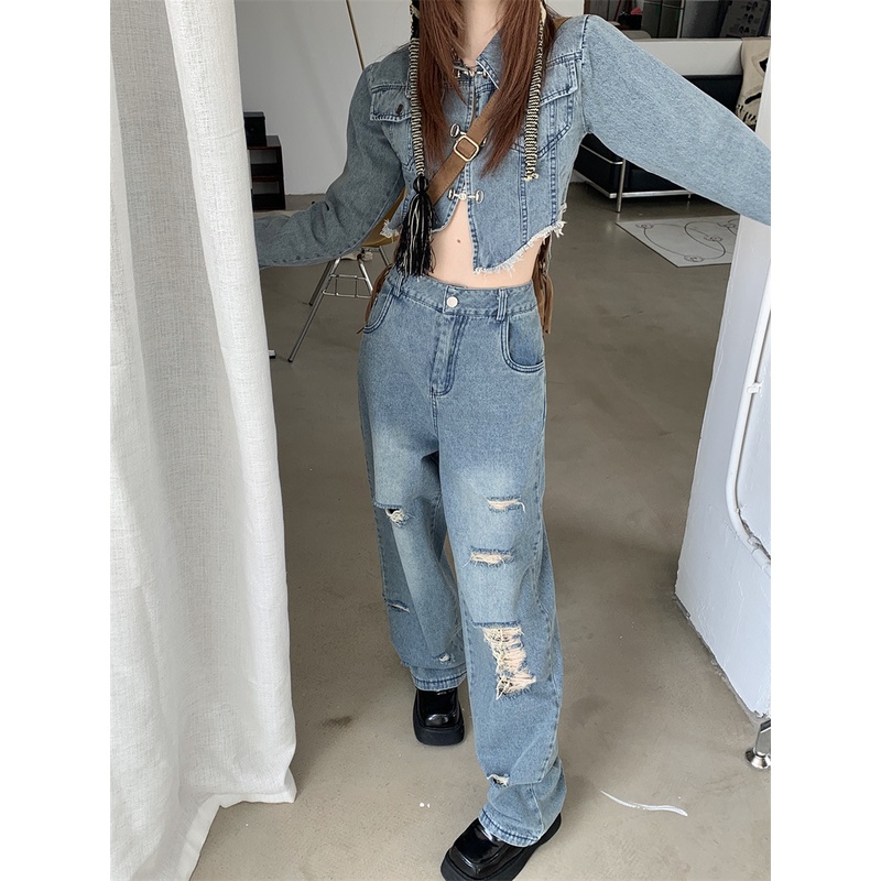 Set Áo Khoác Denim Tay Dài + Quần Jeans Rách Lưng Cao Ống Rộng Phong Cách Hong Kong