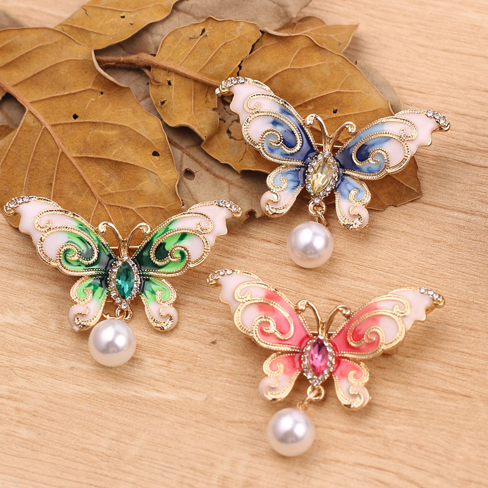 Ghim Cài Hình Bướm Khảm Đá Phối Ngọc Trai Giả Thanh Lịch Thời Trang