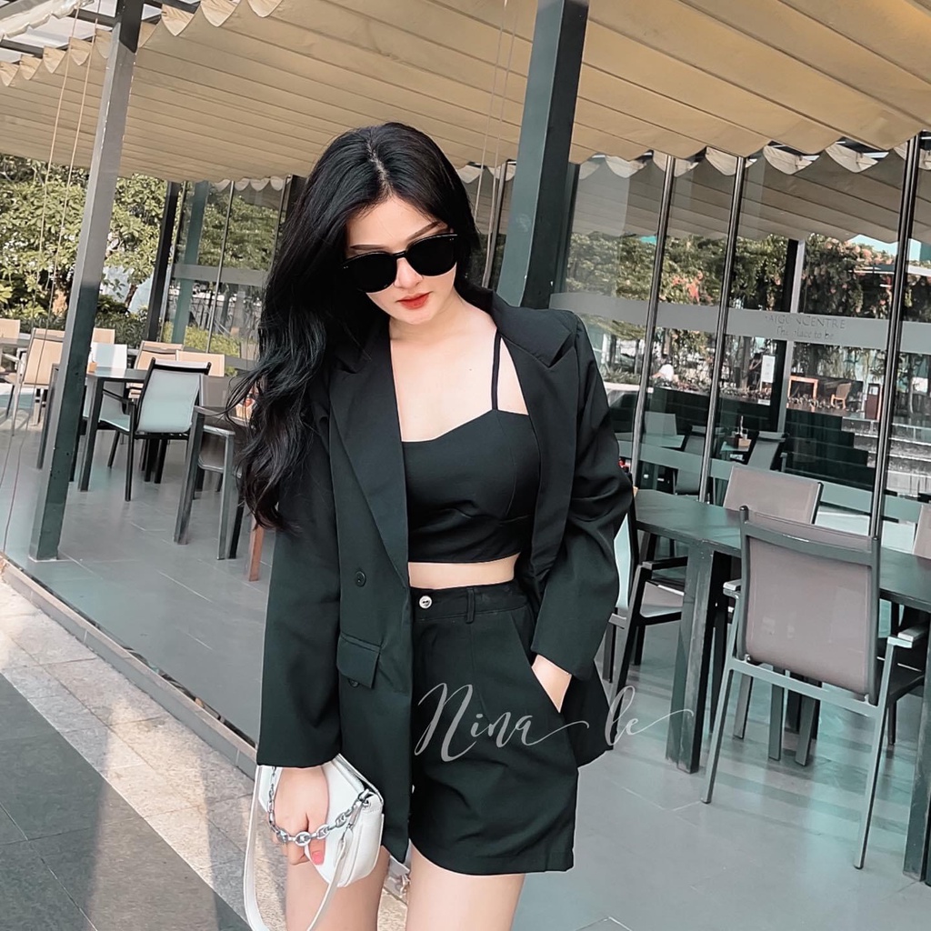 Set bộ 3 món áo croptop kèm quần đùi phối áo khoắc vest thời trang nữ sang chảnh