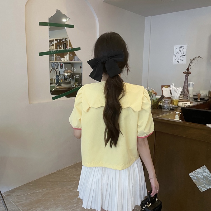 Áo Sơ Mi Tay Ngắn Phồng Cổ Búp Bê Dáng Rộng Đính Nơ Dễ Thương Cho Nữ