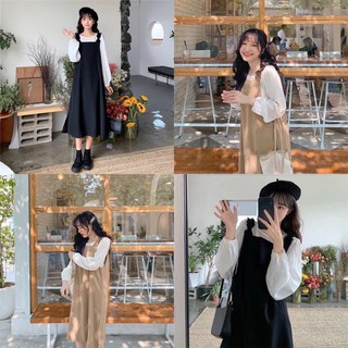 Set Váy Yếm Nhung Quai Nhún Kèm Áo Sơ Mi V47 CHANREEN [FREESHIP] Set yếm basic dễ mặc, che khuyết điểm tốt