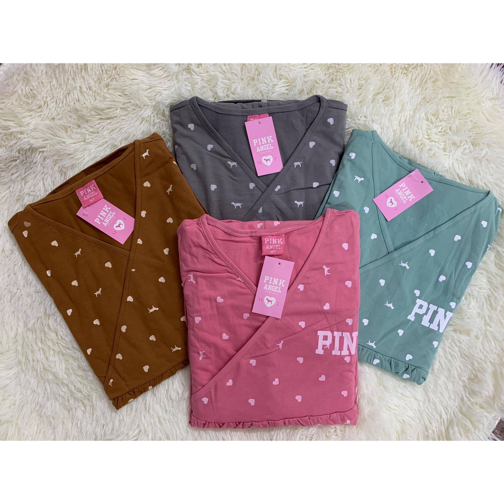 Bộ đồ bầu DÀI TAY PINK VẠT CHÉO họa tiết chấm bi chất cotton mặc bầu và sau sinh