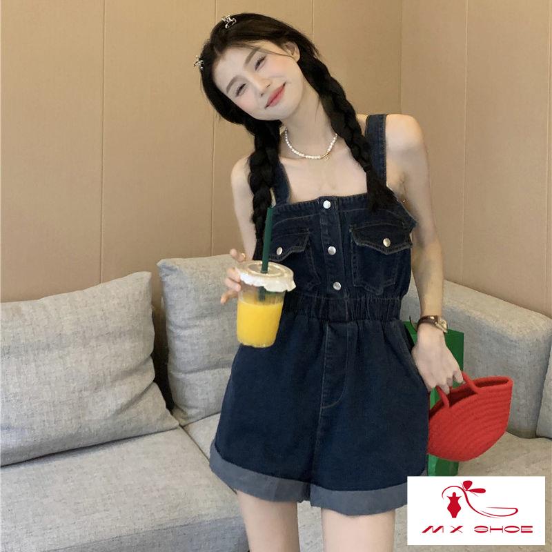 M & X  Quần Yếm Denim Ngắn Phong Cách Retro Mùa Hè 2022 Dáng Ôm Eo Hẹp Uốn Xoăn Cho Nữ