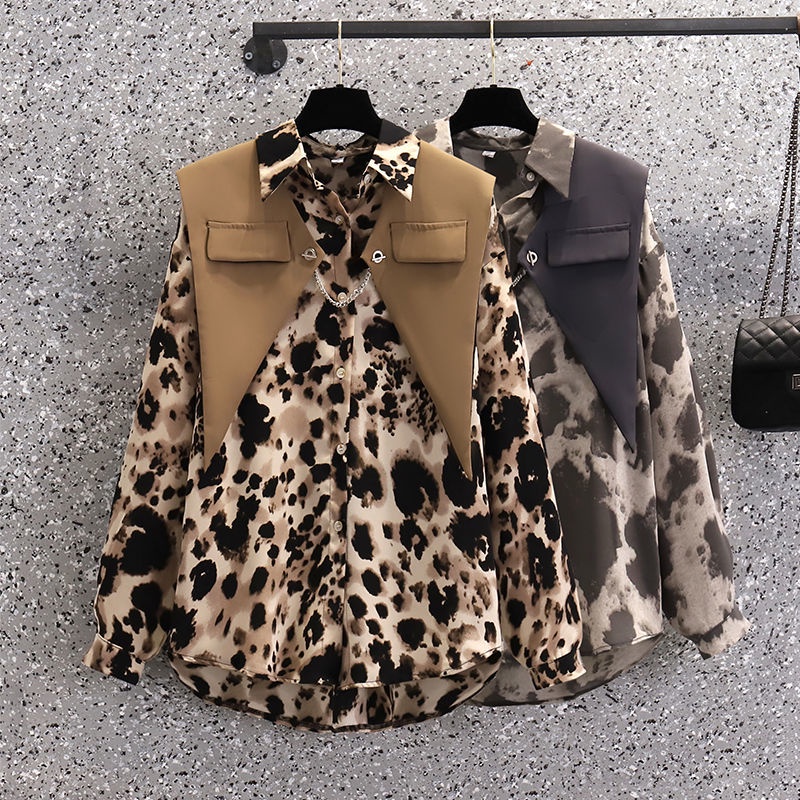 Set 2 món GAVINBROWN gồm áo sơ mi họa tiết da báo và khăn choàng vai nhỏ thời trang mùa thu size lớn cho nữ