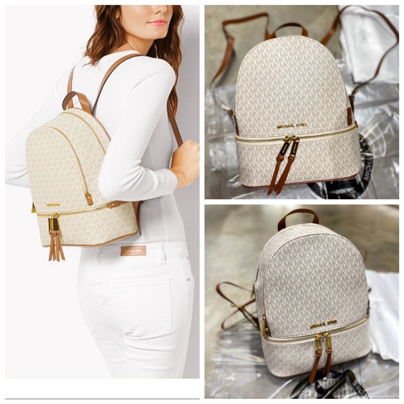 -Balo form vuông  MiK Rhea backpack--kem chữ nâu sang trọng