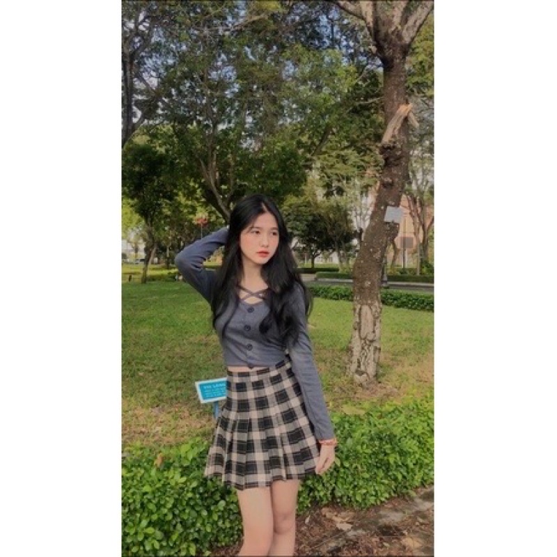 Set áo dây chéo ngực kèm chân váy tennis kẻ (Ảnh thật/ Video