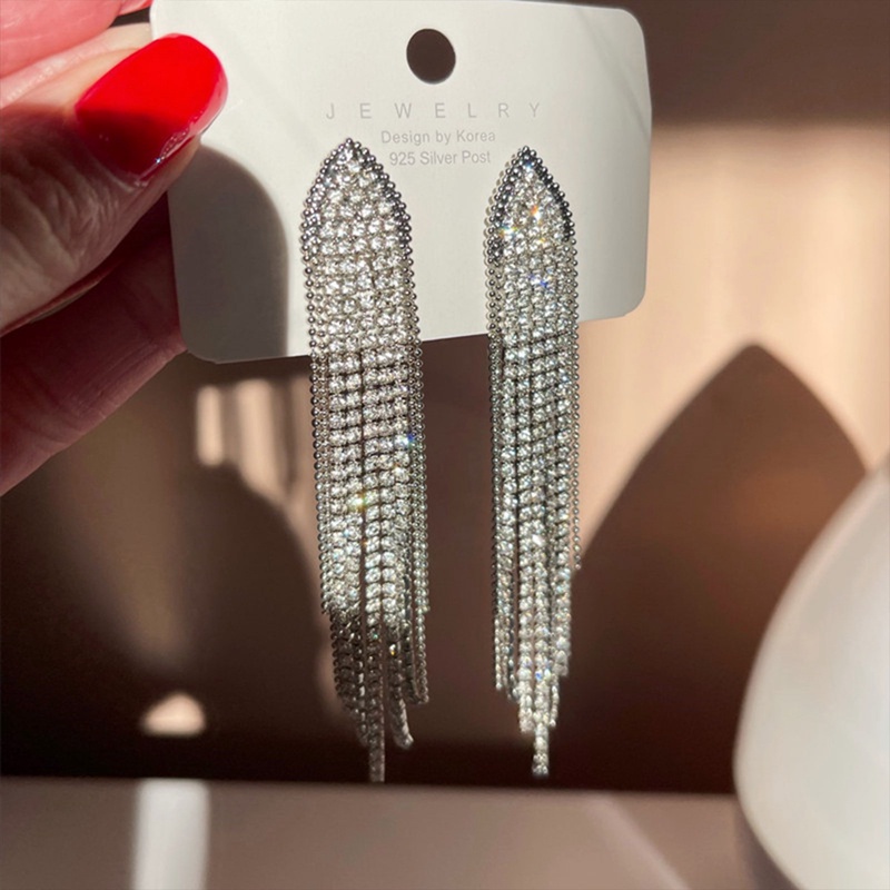 Bông Tai Mạ Bạc 925 Kiểu Tua Rua Dài Đính Kim Cương Phong Cách Vintage Thời Trang