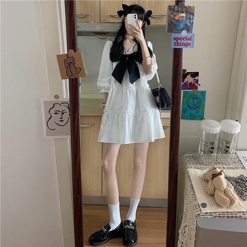 Váy Babydoll Nữ Dáng Xoè Cổ V Đính Nơ Đen  Đầm Nữ Trắng Tay Bồng Cổ Nơ Bèo Tầng Ulzzang