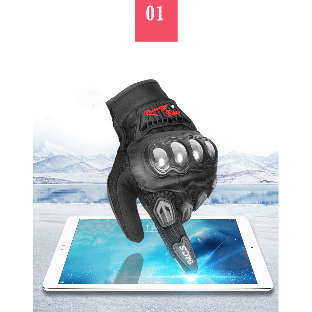 Găng Tay Thể Thao Cảm Ứng Chính Hãng Racing Biker &amp; SPORTS  Dài Ngón Gù Inox