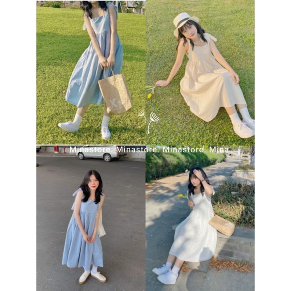 Váy 2 dây buộc nơ chất thô Ulzzang phong cách Hàn Quốc (Sẵn/Có video/Ảnh thật tự chụp)