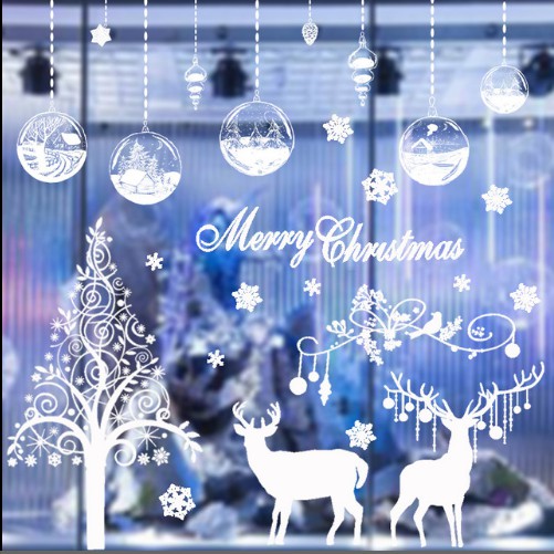 Bộ Combo decal dán Noel - Nai trắng lớn cùng rèm pha lê lớn ( 3 tấm )