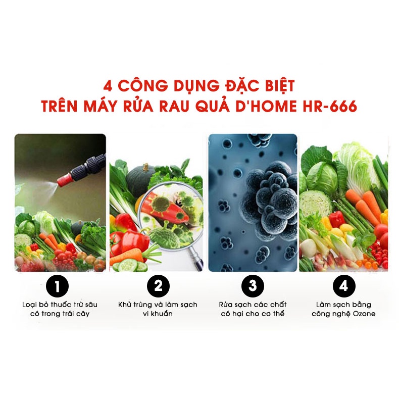 Máy Rửa Rau Củ Dhome HR-666 - Khử Trùng Thực Phẩm Rau Củ Quả, Các Loại Thịt, Thủy Hải Sản Bằng Sục Ozone 10L