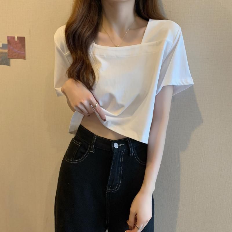 Áo Thun Croptop Tay Ngắn Cổ Vuông Siêu Cute