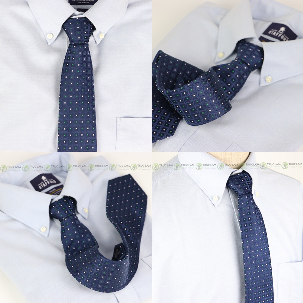 Cà Vạt Lụa 8cm Cho Nam Cao Cấp Họa Tiết Chấm Vuông Xanh Sang Trọng MS3 - Trúc Lâm Handmade