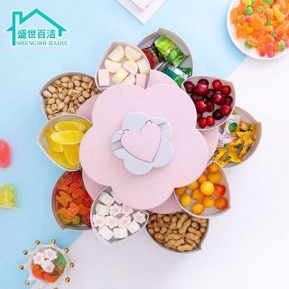 B11 Hộp mứt thông minh, Khay đựng bánh kẹo mứt tết 2 tầng 5 cánh hoa xoay có khay để điện thoại