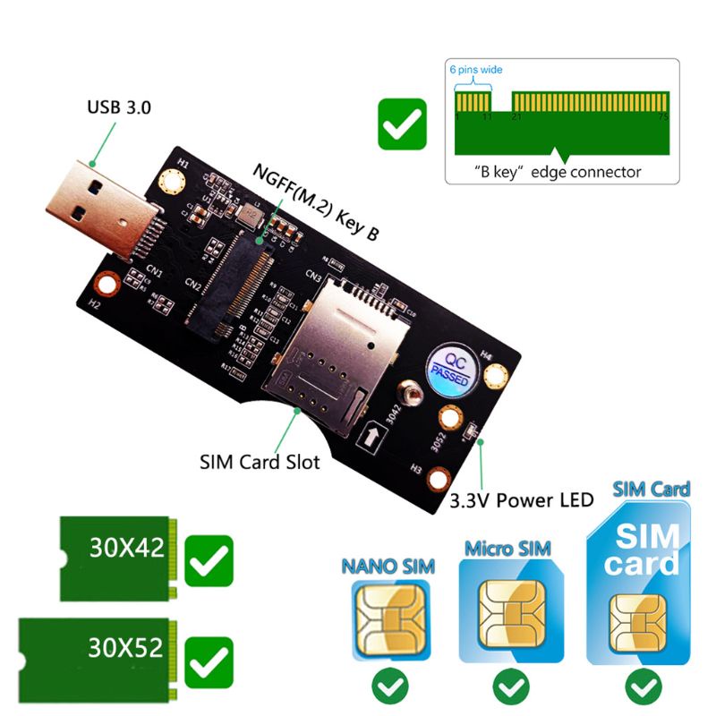 Thẻ Chuyển Đổi M2 Key B Sang USB 3.0 Type A Có Khe SIM Cho Điện Thoại 4G 5G