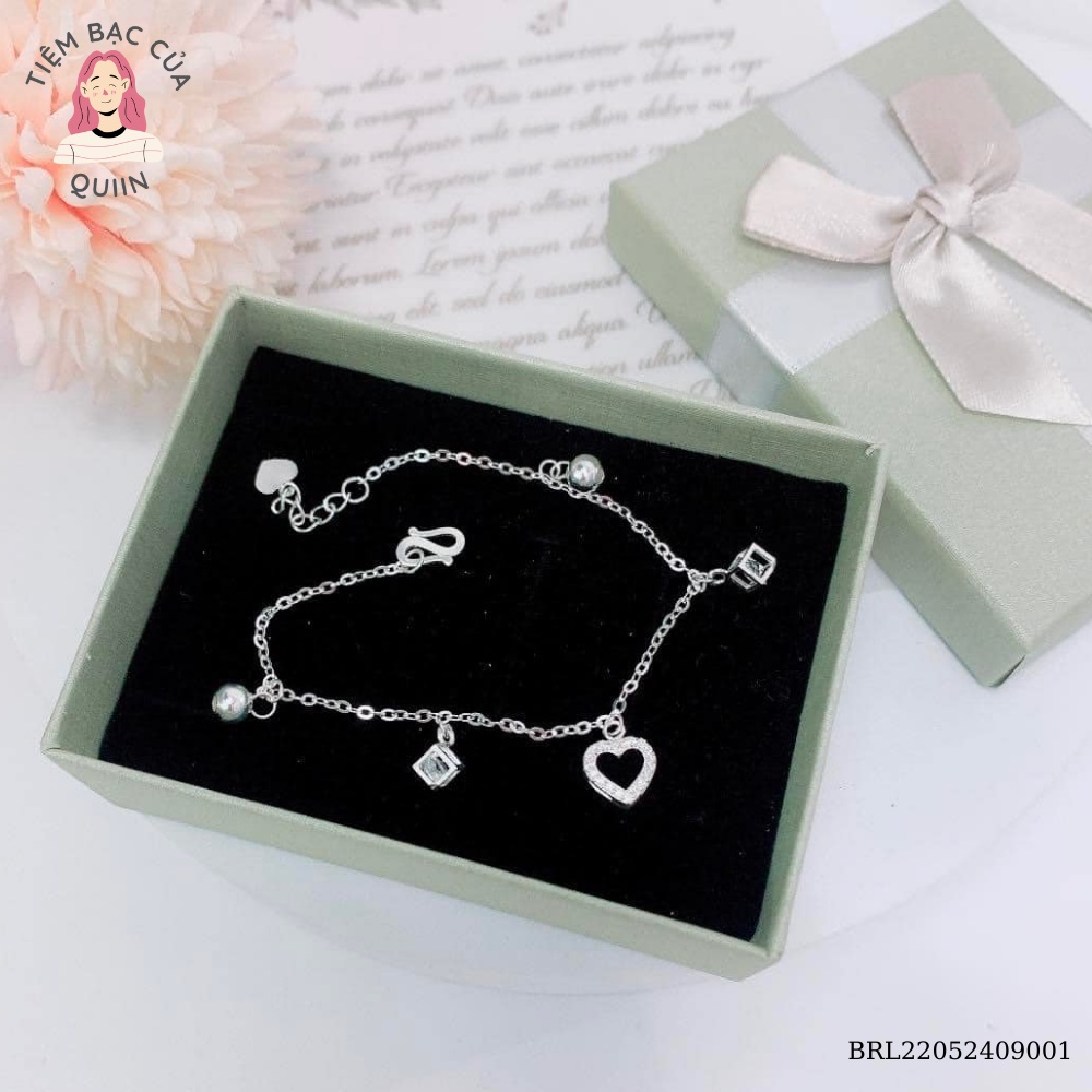 Lắc tay bạc ta cho nữ mặt trái tim lập phương đính đá sang trọng, vòng tay bạc trang sức bạc cho bạn gái