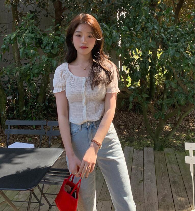 SUXI Áo Croptop Chất Chiffon Tay Ngắn Thiết Kế Thanh Lịch Phong Cách Pháp