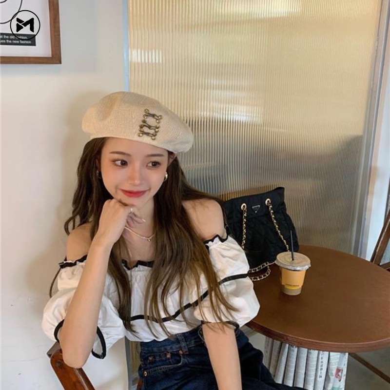 Mũ Beret Vải Mỏng Thoáng Khí Phối Khóa Đồng Phong Cách Vintage Cho Nữ
