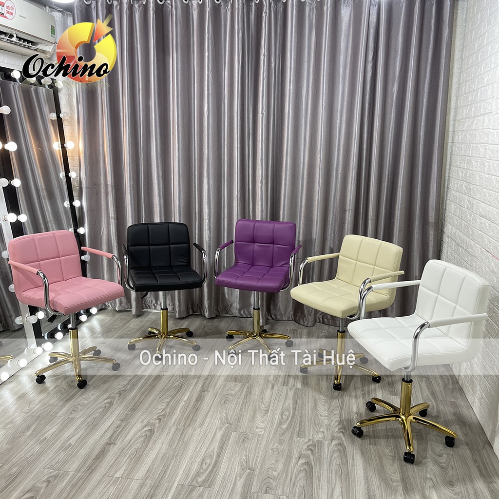 Ghế Xoay Văn Phòng, Ghế Trang Điểm Cá Nhân Mẫu Vịn Tay Inox Bọc Da Chân Vàng Sao Cao Cấp ( Có Sẵn)