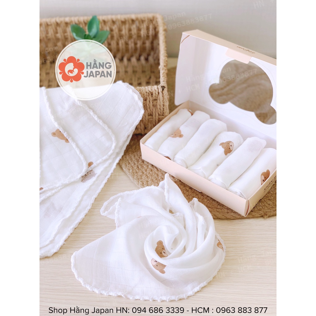 Hộp 6 khăn sữa sợi tre organic Mochee họa tiết hình gấu - mềm mại, không xù lông cho bé 30x30cm