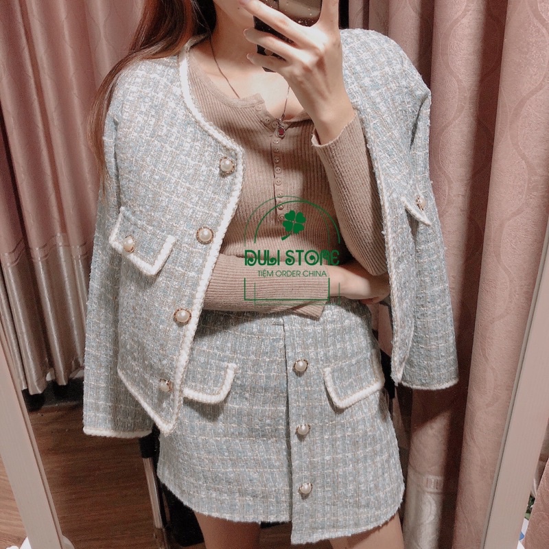 Set váy dạ tweed kèm áo khoác đính ngọc thêu viền sang chảnh