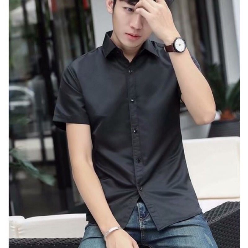 Áo sơ mi FATUNO Hàn Quốc ngắn tay màu đen vải cotton luạ mềm mát không bai xù