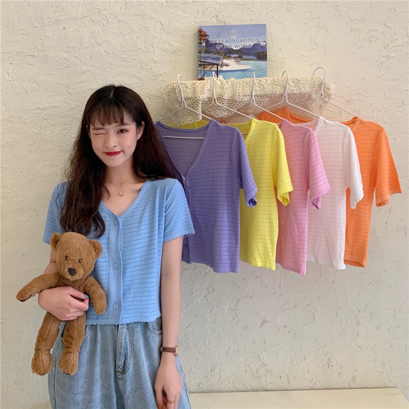 Áo cardigan SUXI tay ngắn cổ chữ V màu sắc ngọt ngào thời trang dành cho nữ