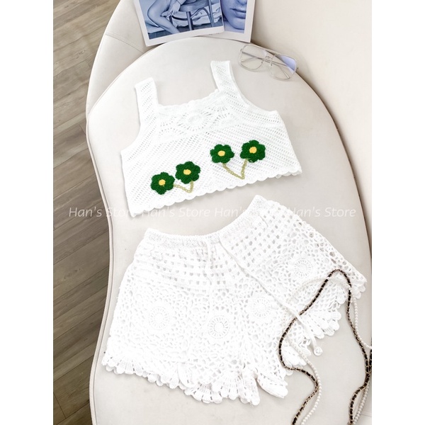 BỘ LEN ĐAN MÓC HOA NỔI XANH LÁ