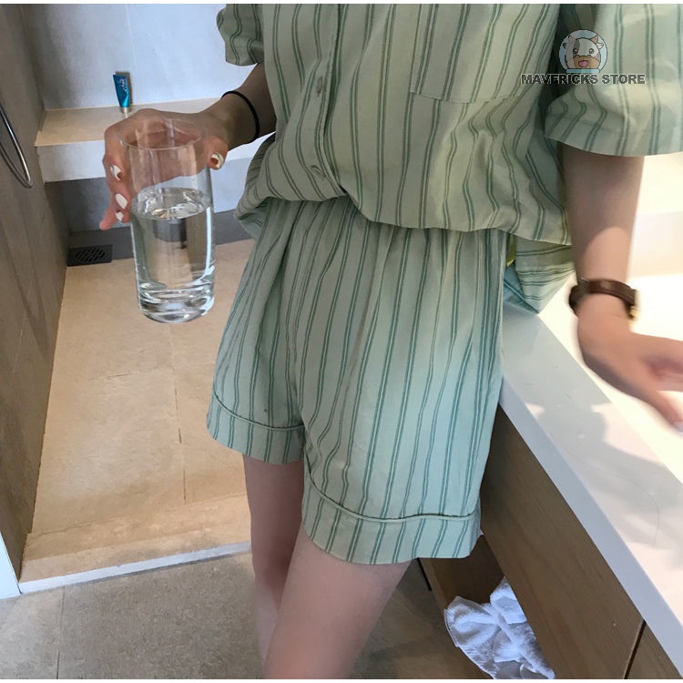 Set đồ ngủ ngắn tay kẻ sọc màu xanh lá thời trang mùa hè cho nữ