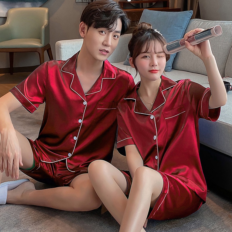 Bộ Đồ Ngủ Tay Ngắn Vải Lụa Satin Phong Cách Hàn Quốc Plus Size M-5Xl Cho Nam Và Nữ