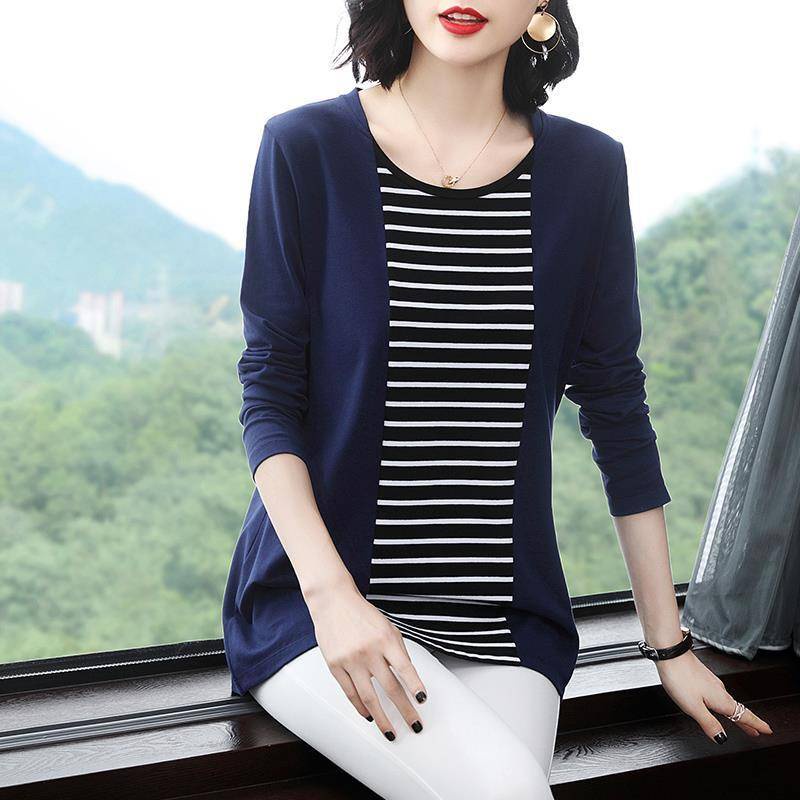 Áo Thun Tay Dài Plus Size Họa Tiết Kẻ Sọc Dành Cho Phụ Nữ Trung Niên