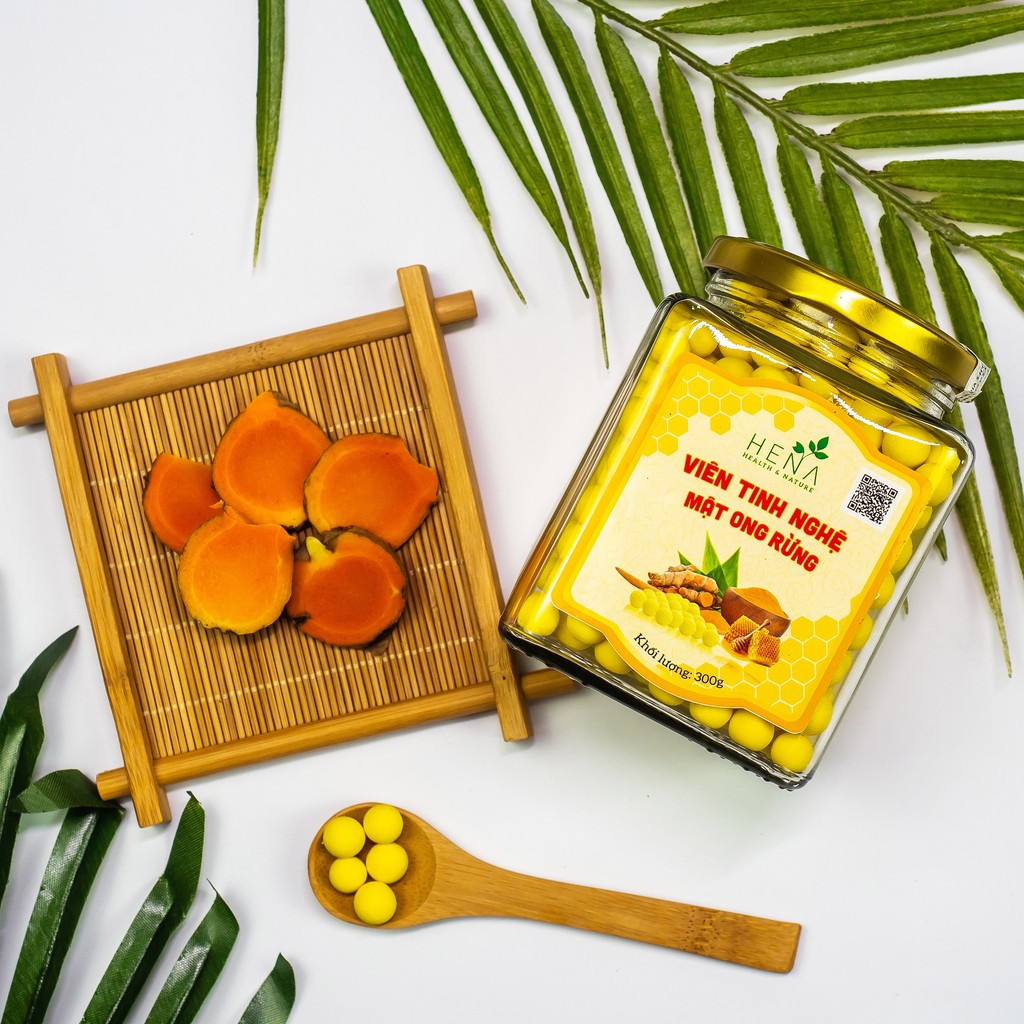 Viên nghệ mật ong rừng Hena 300g đựng hũ thủy tinh cao cấp, Giúp giảm đau dạ dày đại tràng hiệu quả