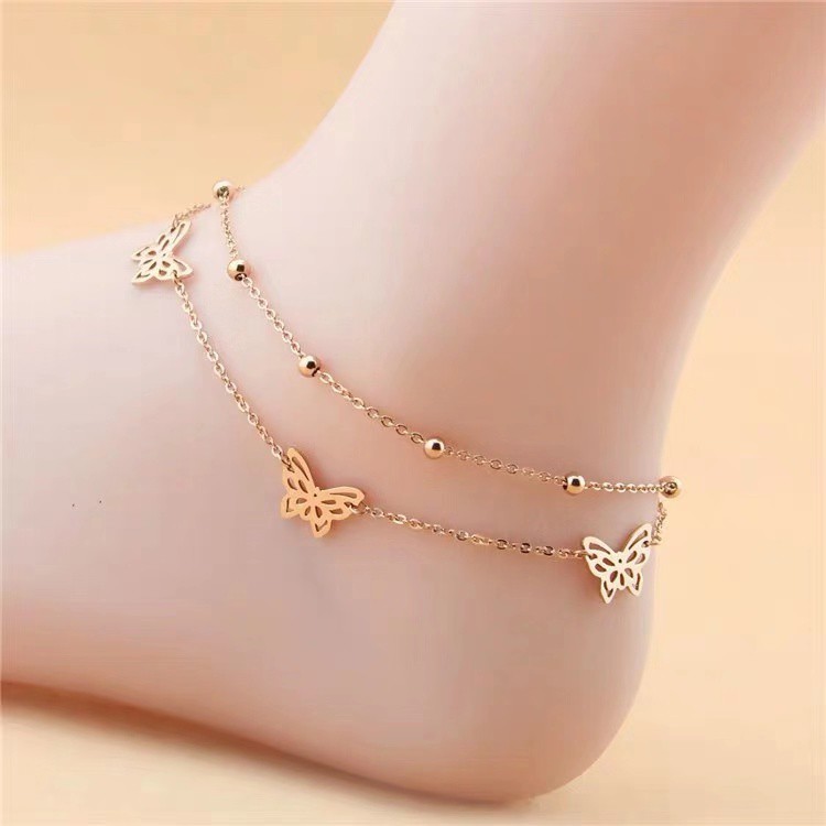 Lắc chân hai lớp thép titan mạ vàng hồng 18k chống nước không phai đính hạt tròn mặt bướm thời trang Hàn Quốc cho nữ