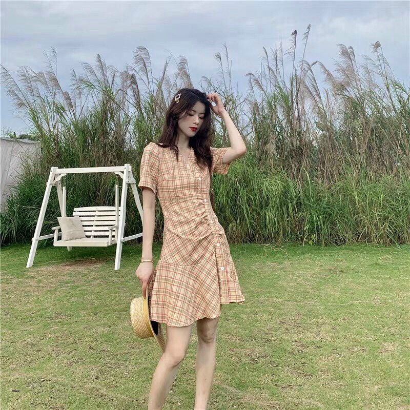 Đầm caro nữ cổ V đính nút, đầm nữ mặc đi chơi, váy nữ xòe đuôi cá, váy nữ tay ngắn