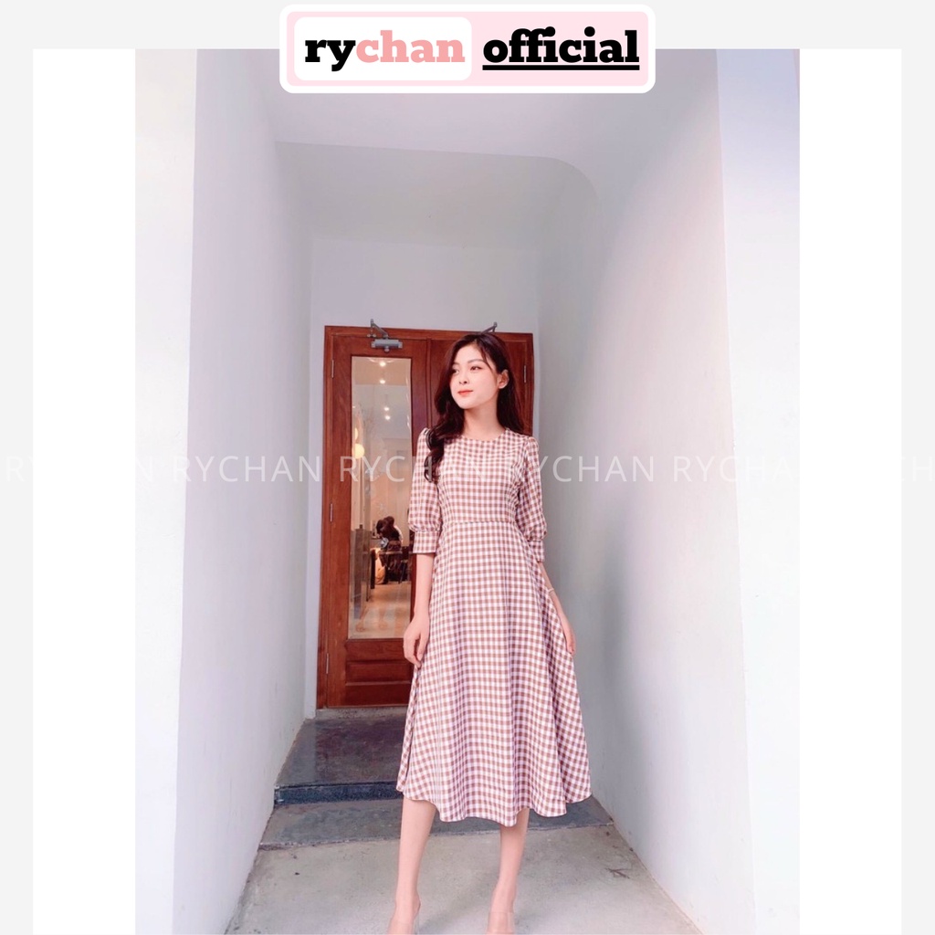 Đầm Xòe Caro Tay Phồng Cột Eo Sau - DX982