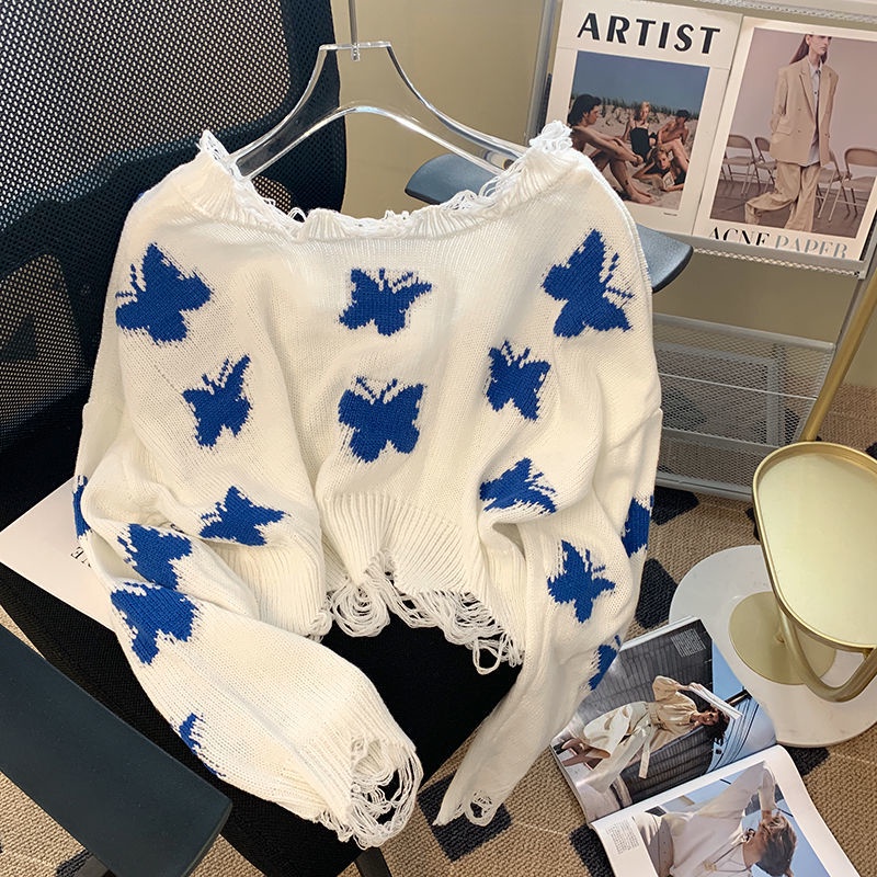 Áo Dệt Kim Trễ Vai Ngắn Hở Vai Màu Trơn Hình Bướm Phong Cách Hàn Quốc Hàng Mới Mùa Xuân Dành Cho Bạn Nữ
