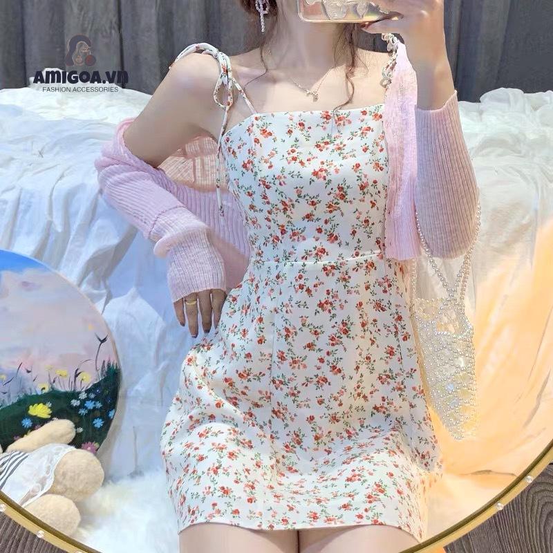 ✨✨Đầm Ngắn Hai Dây Cổ Chữ V Xẻ Tà In Họa Tiết Hoa Màu Vàng Phong Cách Pháp Thanh Lịch Thời Trang Mùa Hè Cho Nữ